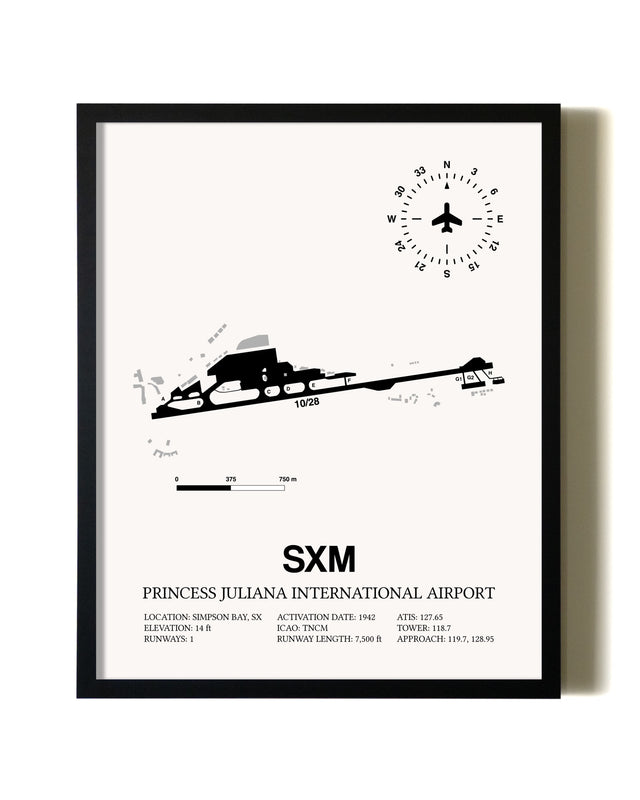 Framed Princess Juliana International Airport wall art poster in black frame