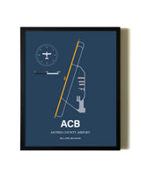 Blue and Yellow Framed Antrim County Airport wall art poster in black frame