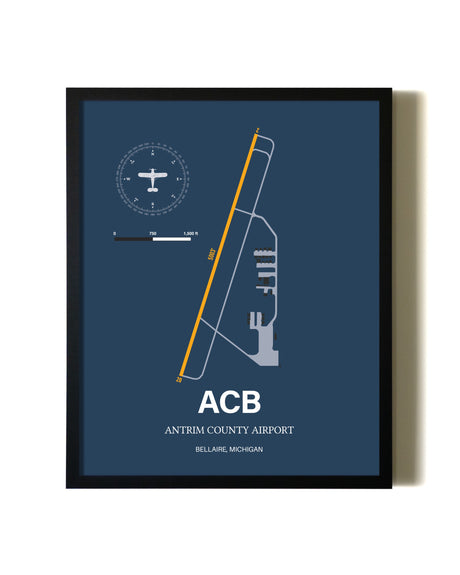Blue and Yellow Framed Antrim County Airport wall art poster in black frame