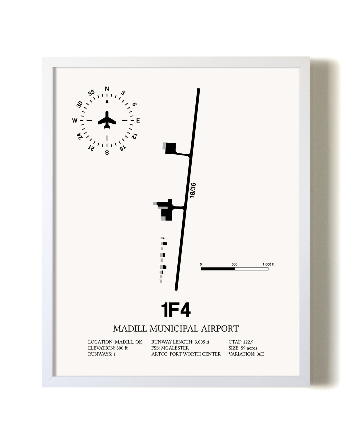 Madill Municipal Airport airport map poster in oak frame