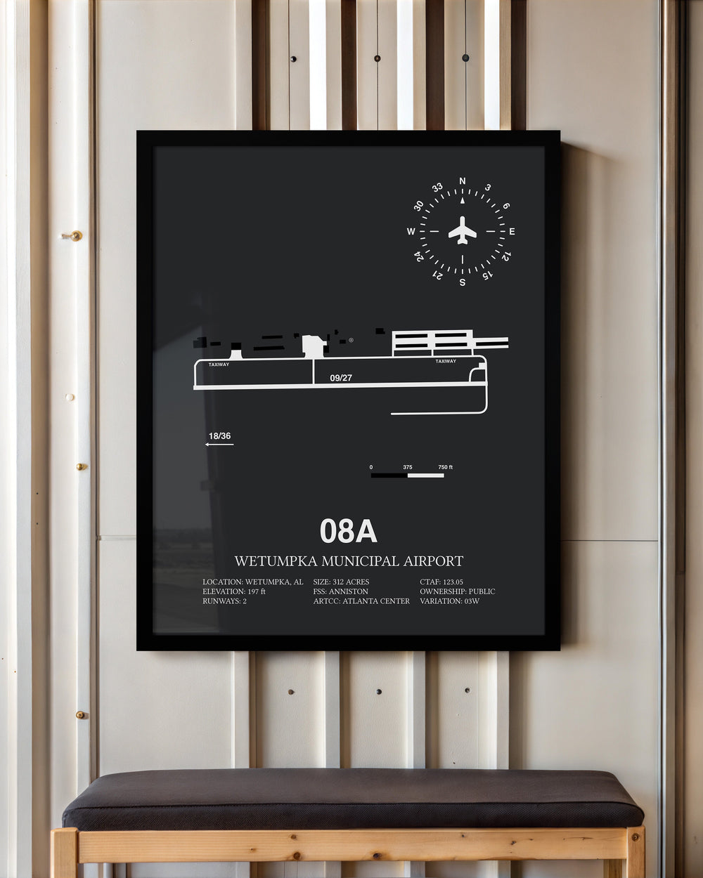 Framed Detailed Airport Map of Wetumpka Municipal Airport (08A) in Gray with a Black Frame