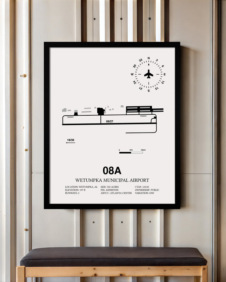 Framed Detailed Airport Map of Wetumpka Municipal Airport (08A) in White with a Black Frame
