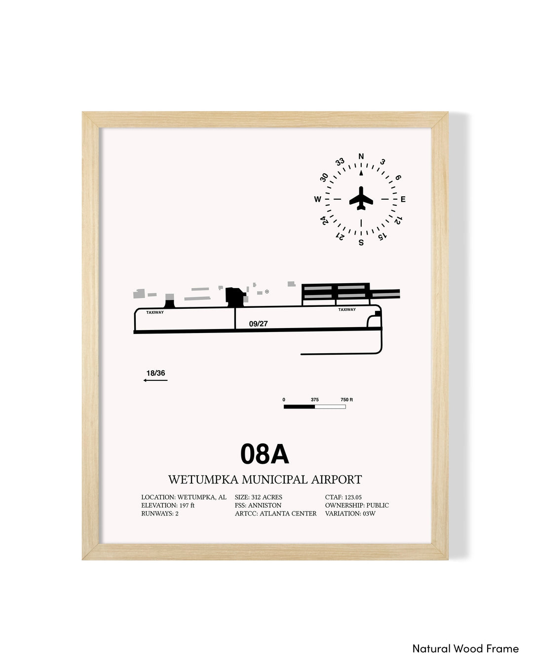 Detailed Airport Map of Wetumpka Municipal Airport (08A) in White with a Natural Frame