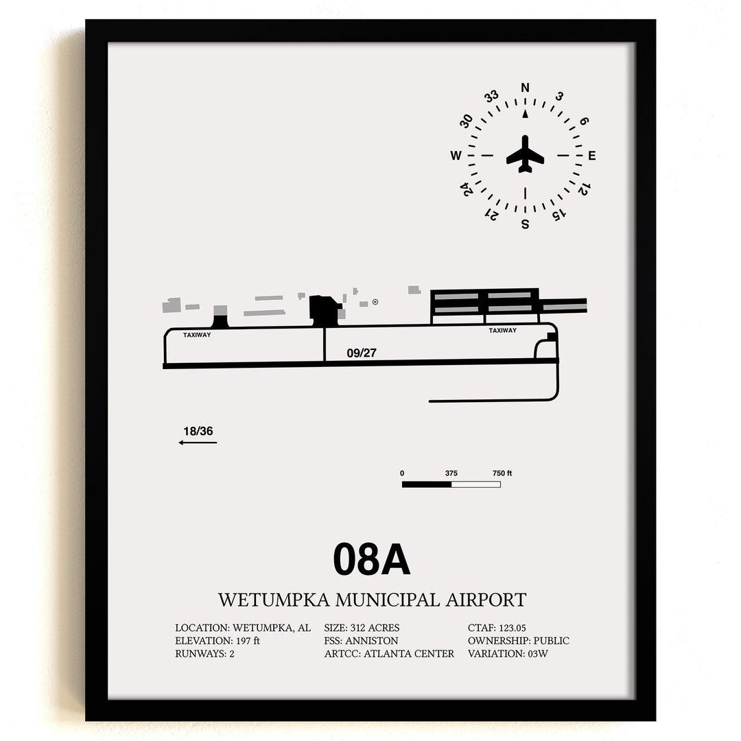 Framed Detailed Airport Map of Wetumpka Municipal Airport (08A) in White with a Black Frame