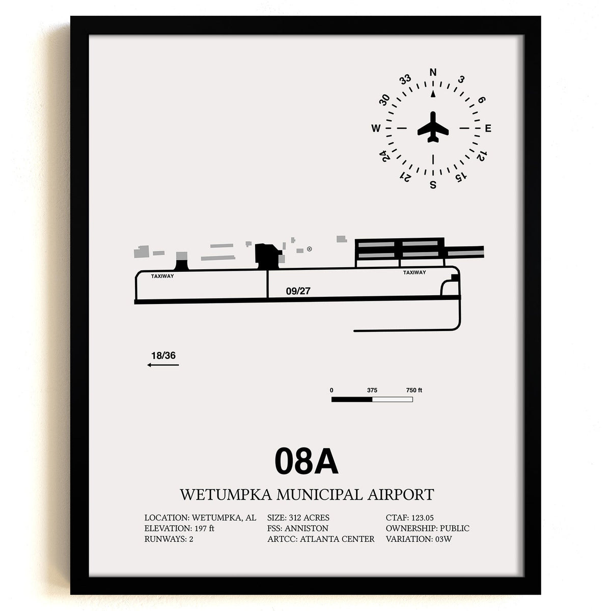 Framed Detailed Airport Map of Wetumpka Municipal Airport (08A) in White with a Black Frame