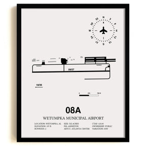Framed Detailed Airport Map of Wetumpka Municipal Airport (08A) in White with a Black Frame