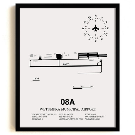 Framed Detailed Airport Map of Wetumpka Municipal Airport (08A) in White with a Black Frame