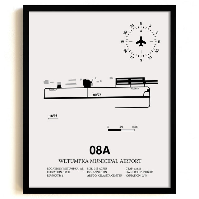 Framed Detailed Airport Map of Wetumpka Municipal Airport (08A) in White with a Black Frame