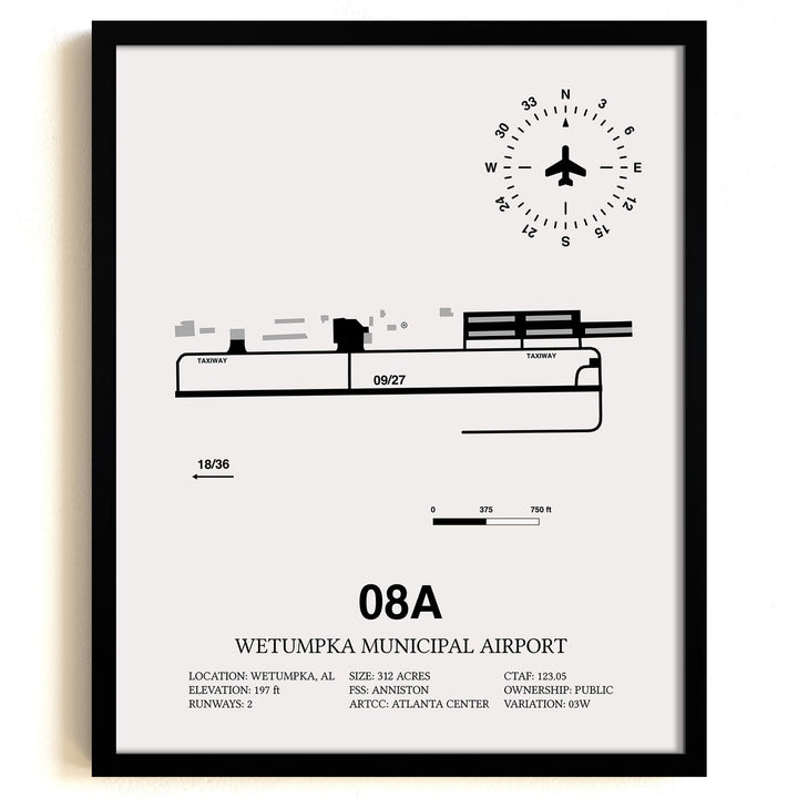 Framed Detailed Airport Map of Wetumpka Municipal Airport (08A) in White with a Black Frame