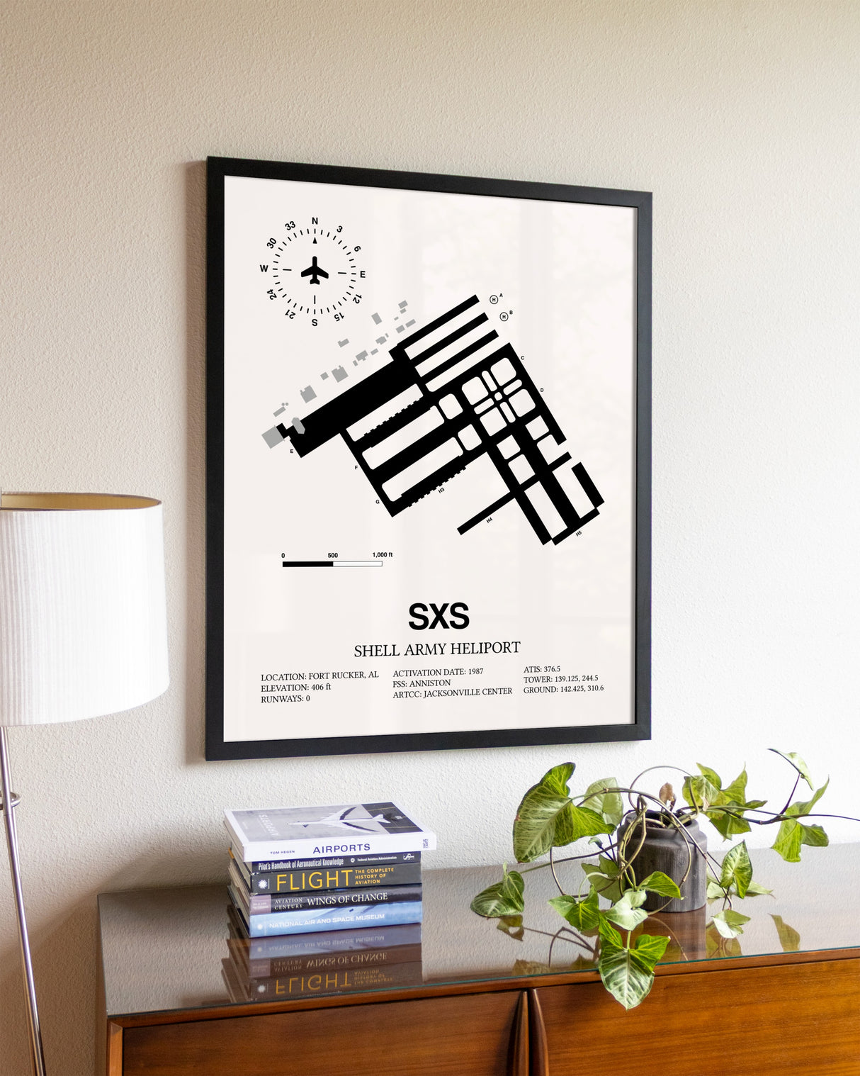 Shell Army Heliport aviation wall décor in black wood frame
