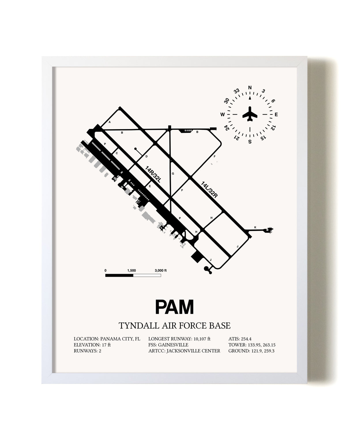 Tyndall Air Force Base airport map poster in oak frame