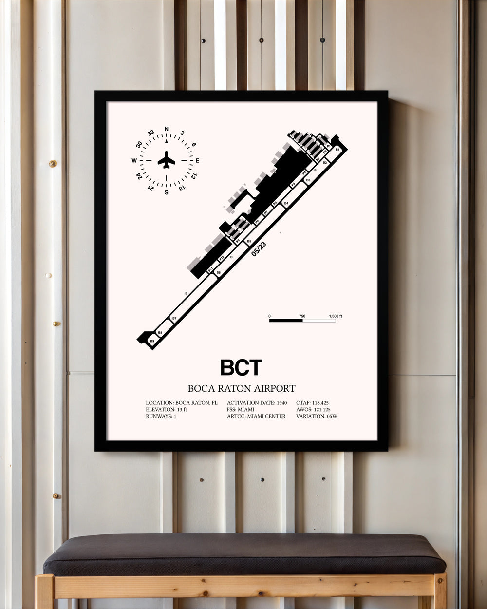 Boca Raton Airport framed poster displayed in an airplane hangar
