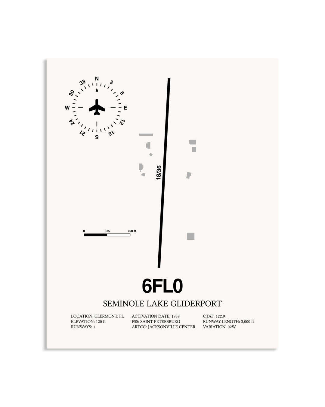 Gray Seminole Lake Gliderport framed poster displayed in an airplane hangar