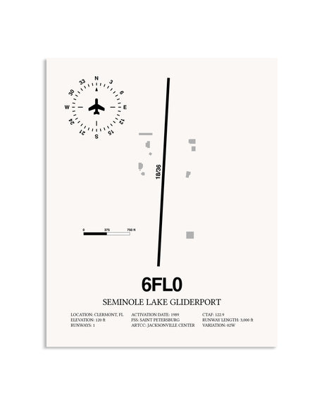 Gray Seminole Lake Gliderport framed poster displayed in an airplane hangar