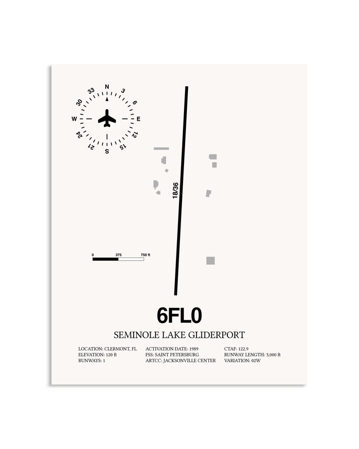 Gray Seminole Lake Gliderport framed poster displayed in an airplane hangar