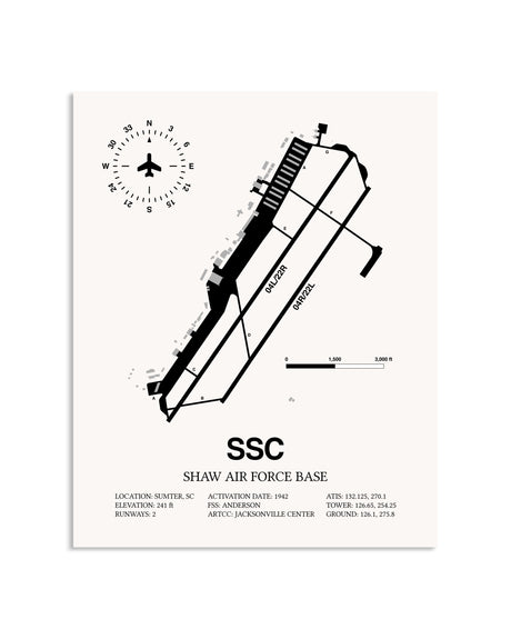 Gray Shaw Air Force Base framed poster displayed in an airplane hangar