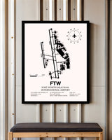 Fort Worth Meacham International Airport framed poster displayed in an airplane hangar