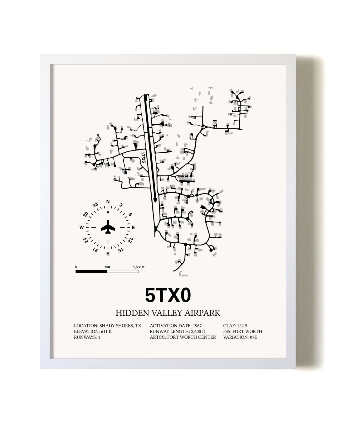 Hidden Valley Airpark airport map poster in oak frame