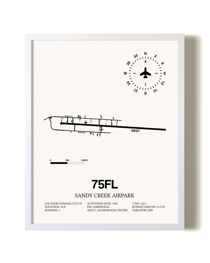 Sandy Creek Airpark airport map poster in oak frame