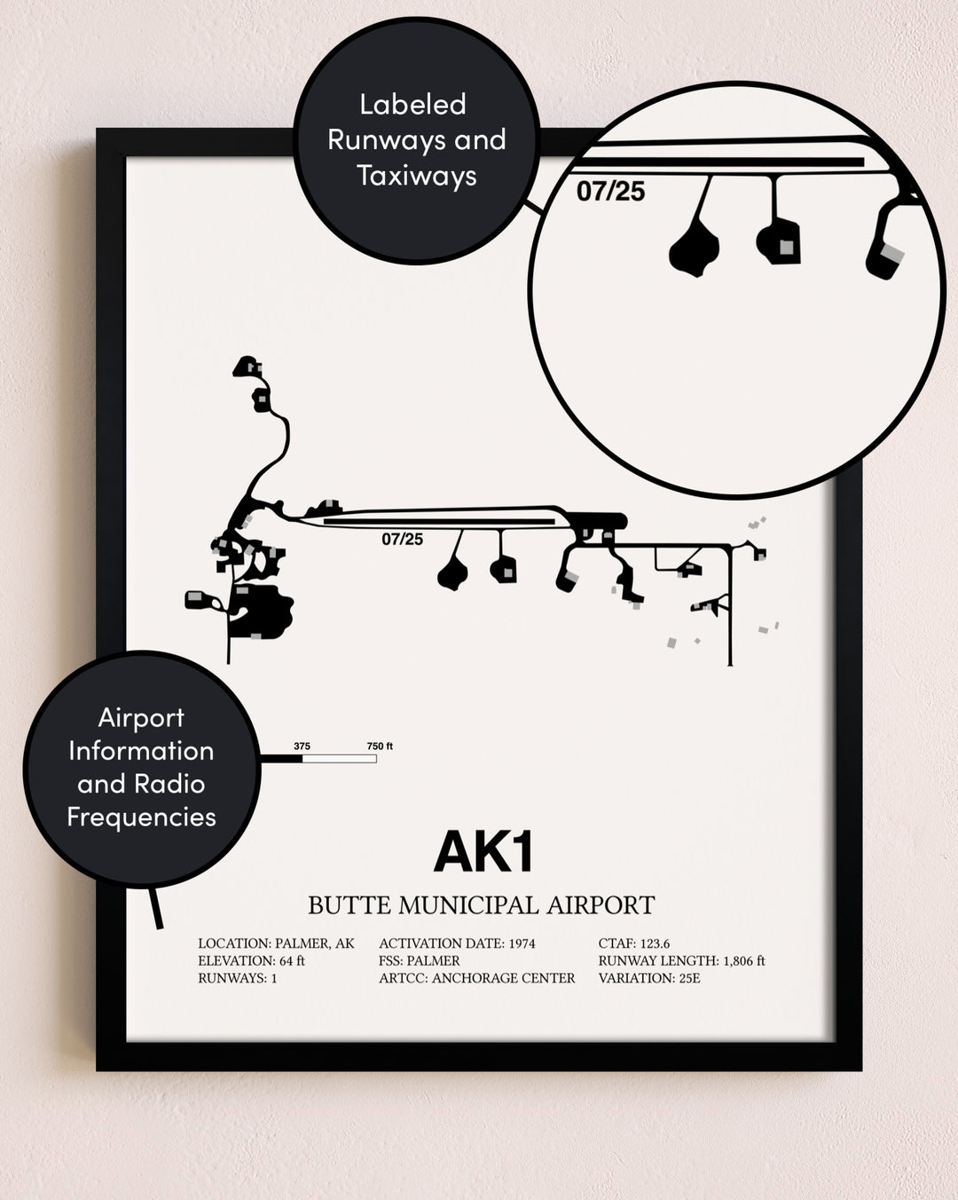 Framed Butte Municipal Airport layout wall art poster