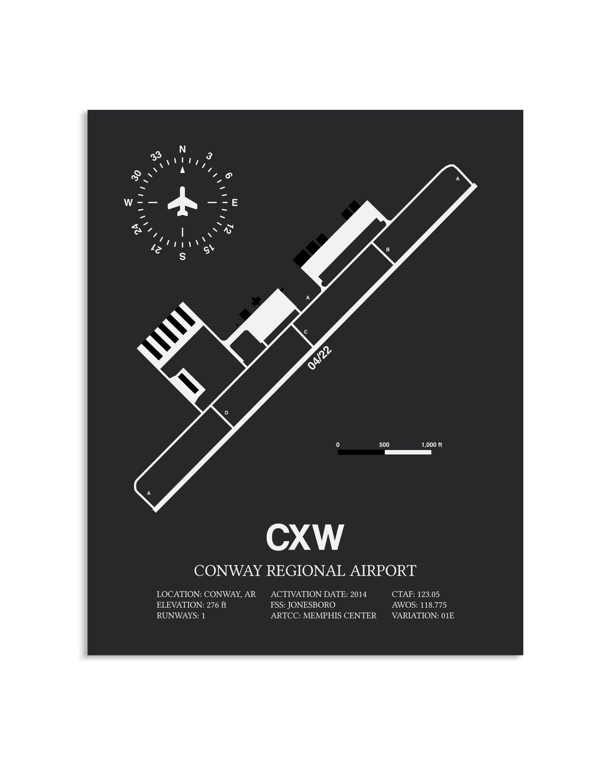 Gray Framed Conway Regional Airport layout wall art poster