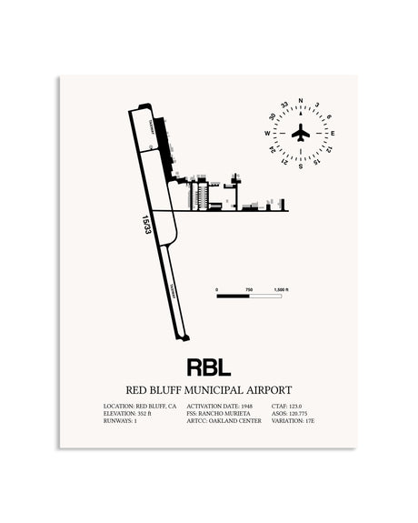Gray Red Bluff Municipal Airport framed poster displayed in an airplane hangar