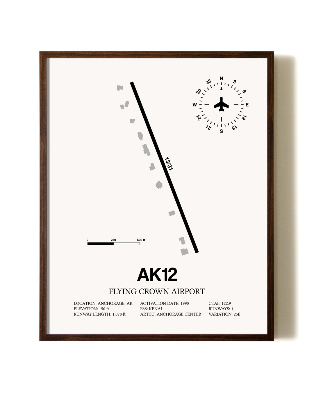 Flying Crown Airport aviation print in walnut frame