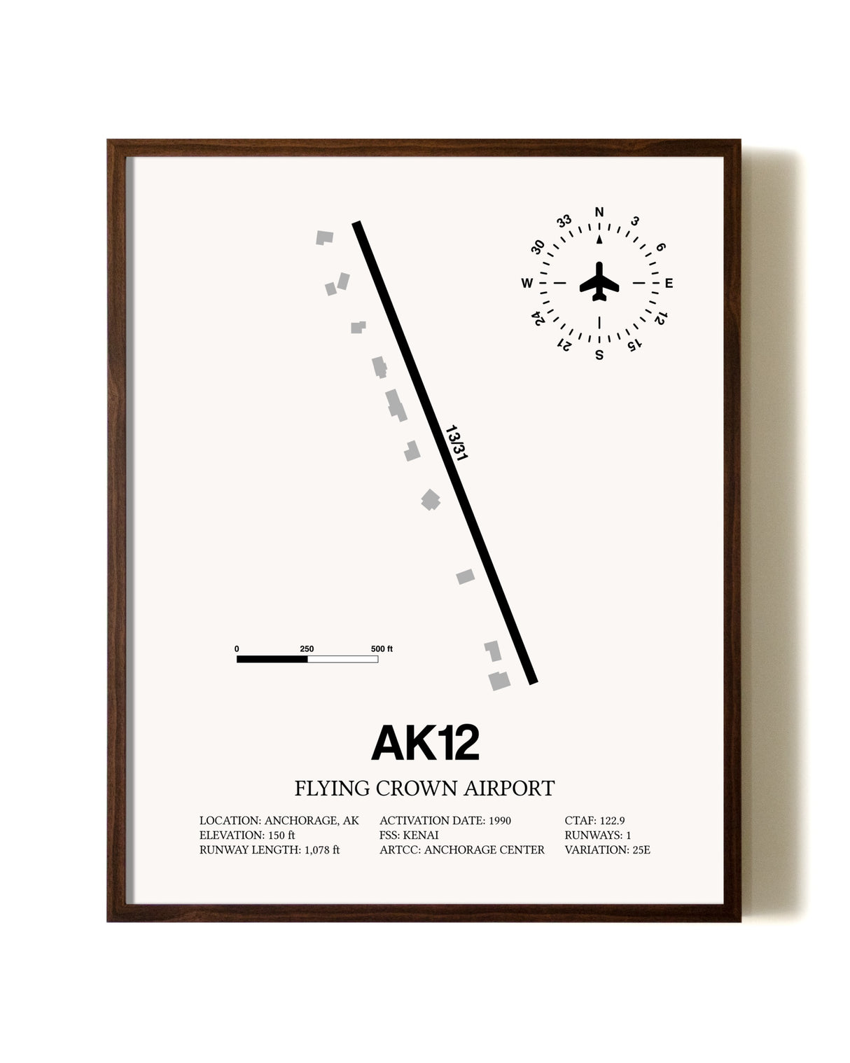 Flying Crown Airport aviation print in walnut frame