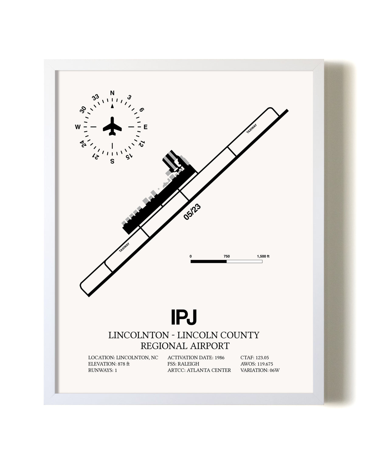 Lincolnton-Lincoln County Regional Airport airport map poster in oak frame