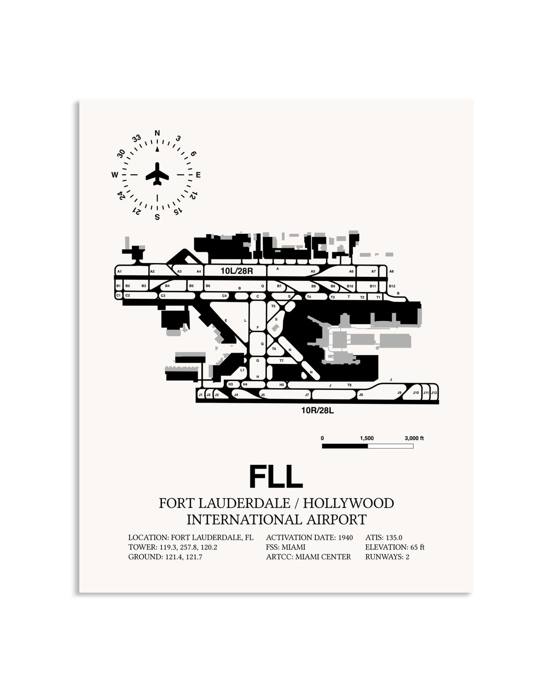 Gray Fort Lauderdale / Hollywood International Airport framed poster displayed in an airplane hangar