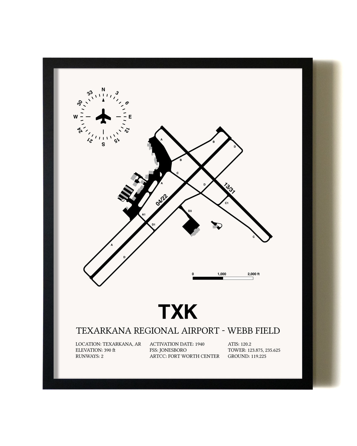 Framed Texarkana Regional Airport-Webb Field wall art poster in black frame
