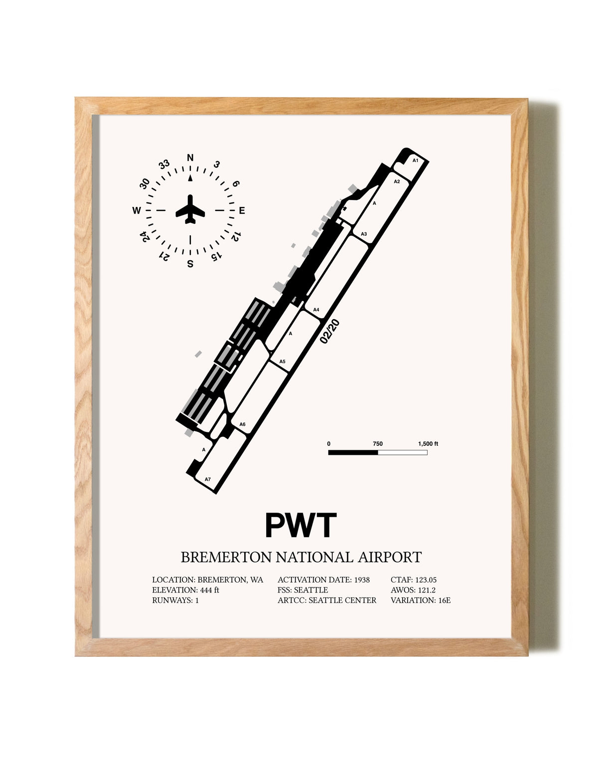 Bremerton National Airport framed print in natural wood frame