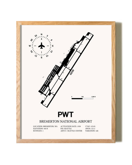 Bremerton National Airport framed print in natural wood frame