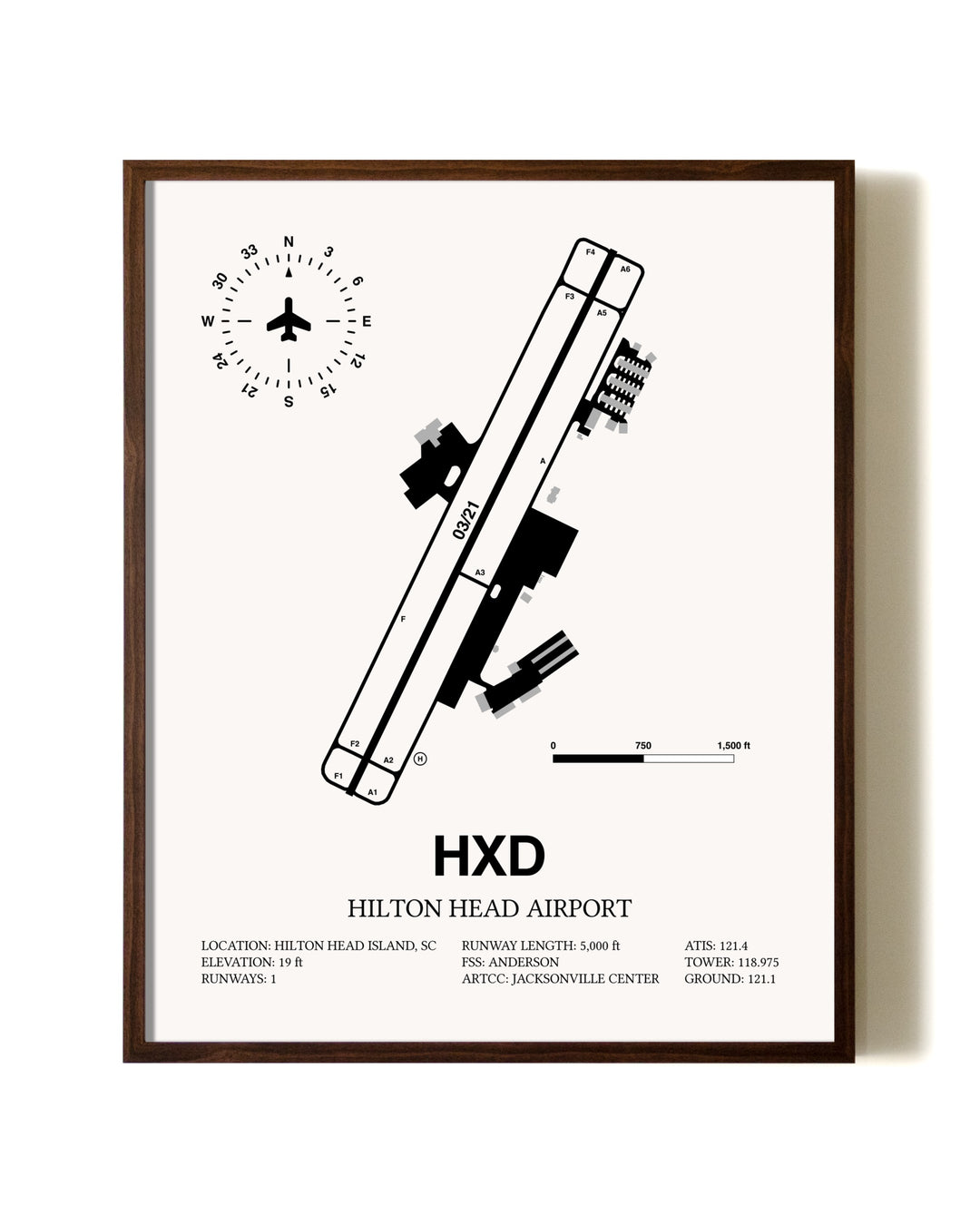 Hilton Head Airport aviation print in walnut frame