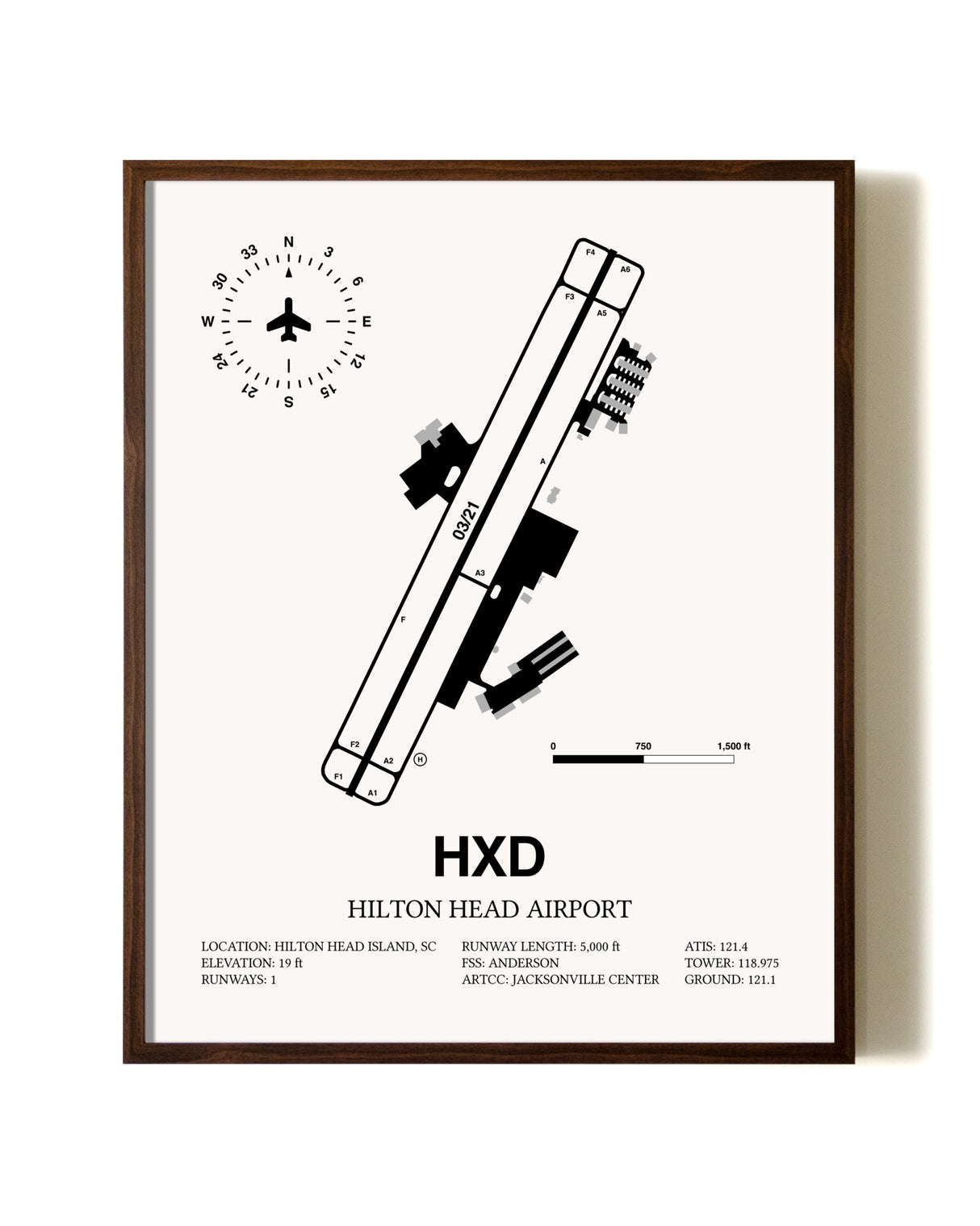 Hilton Head Airport aviation print in walnut frame
