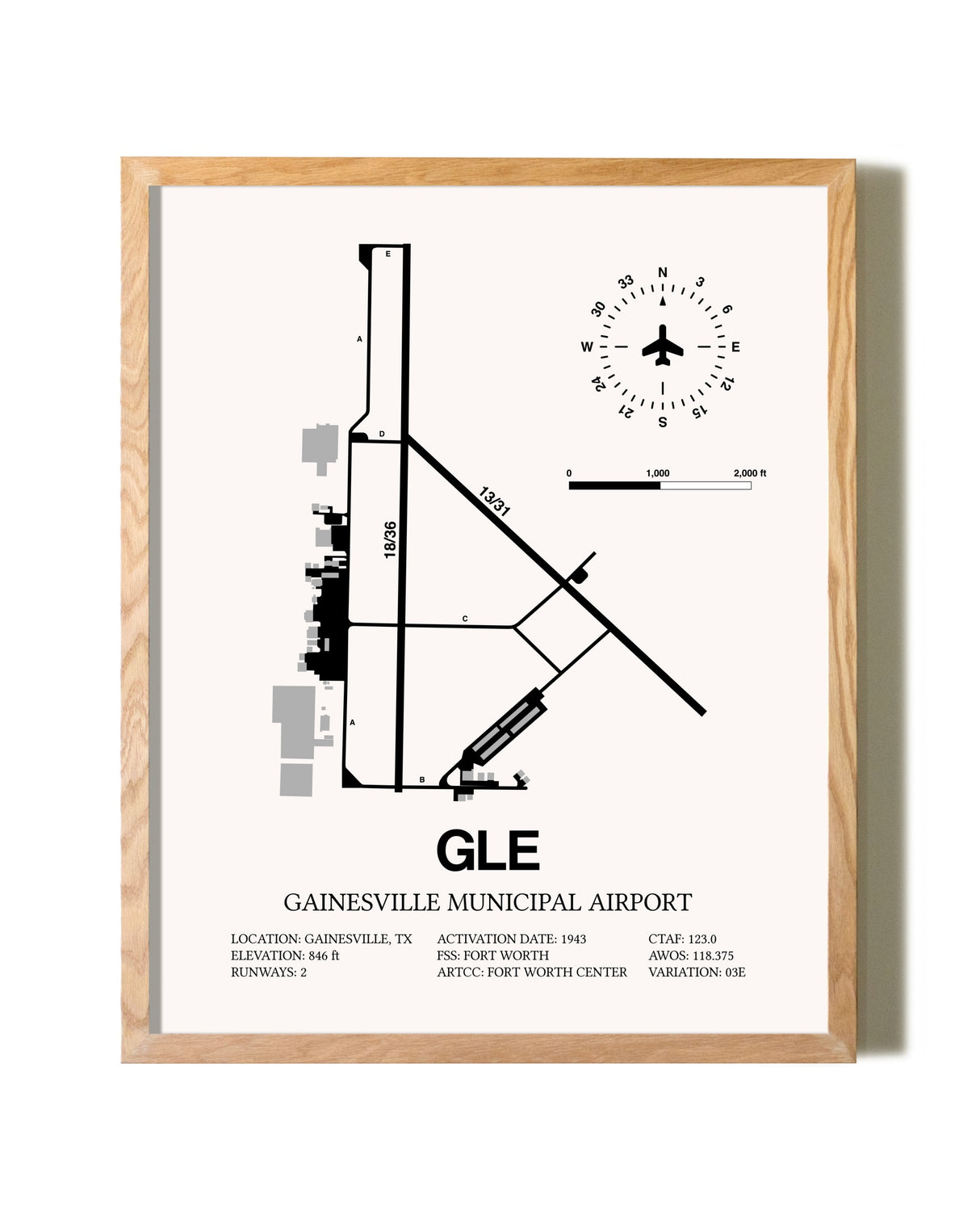 Gainesville Municipal Airport framed print in natural wood frame
