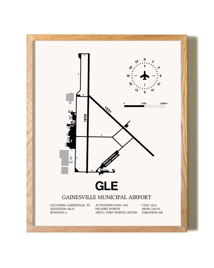 Gainesville Municipal Airport framed print in natural wood frame