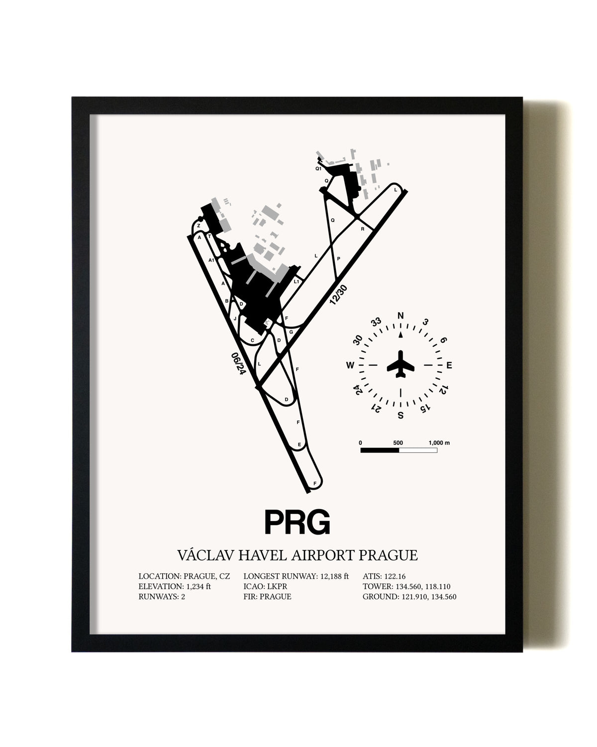 Framed Vaclav Havel Airport Prague wall art poster in black frame