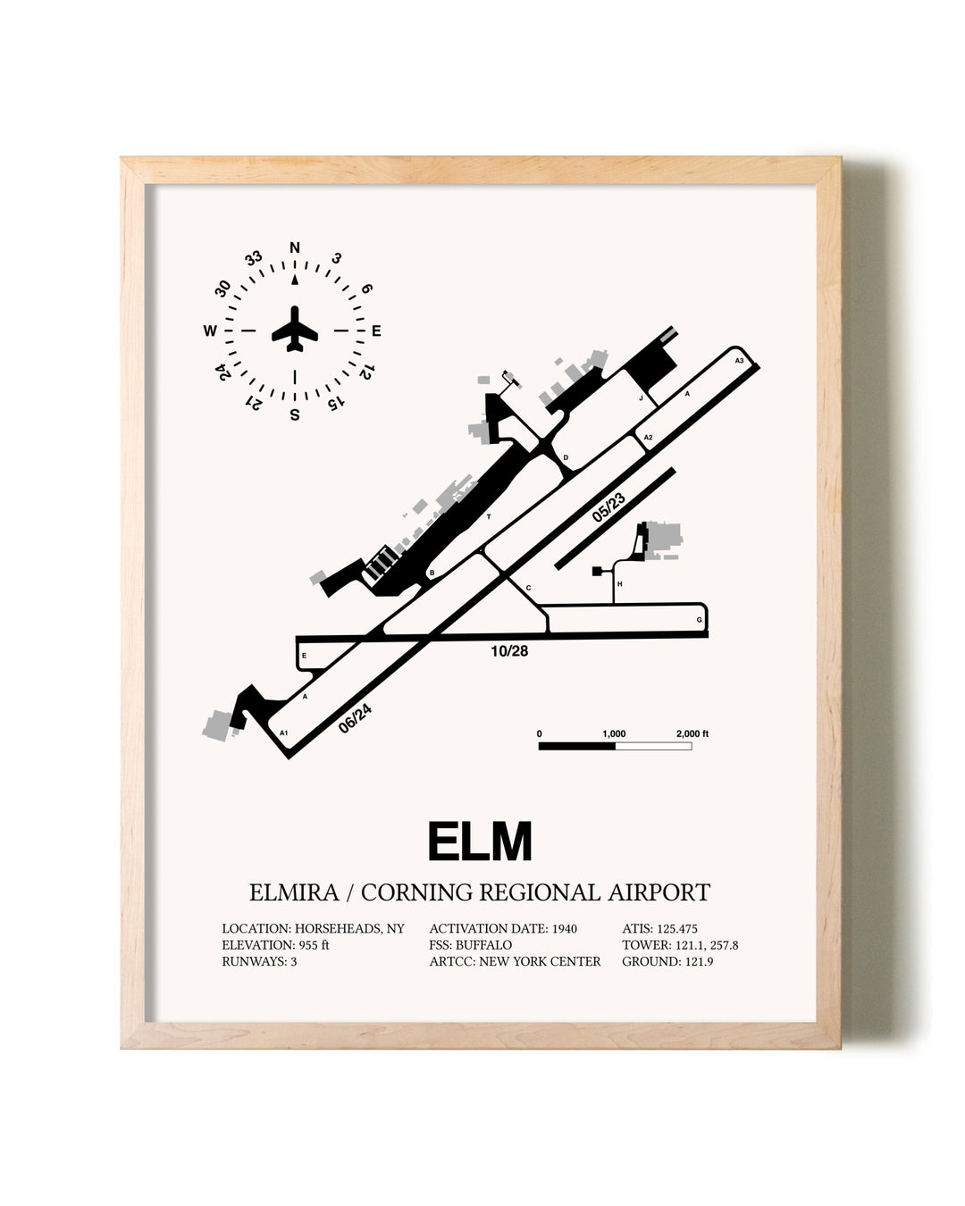 Elmira / Corning Regional Airport framed wall art in white frame