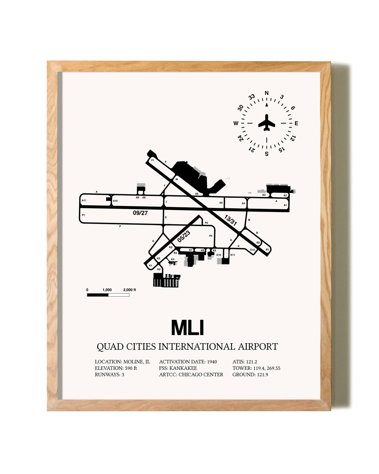 Quad Cities International Airport framed print in natural wood frame