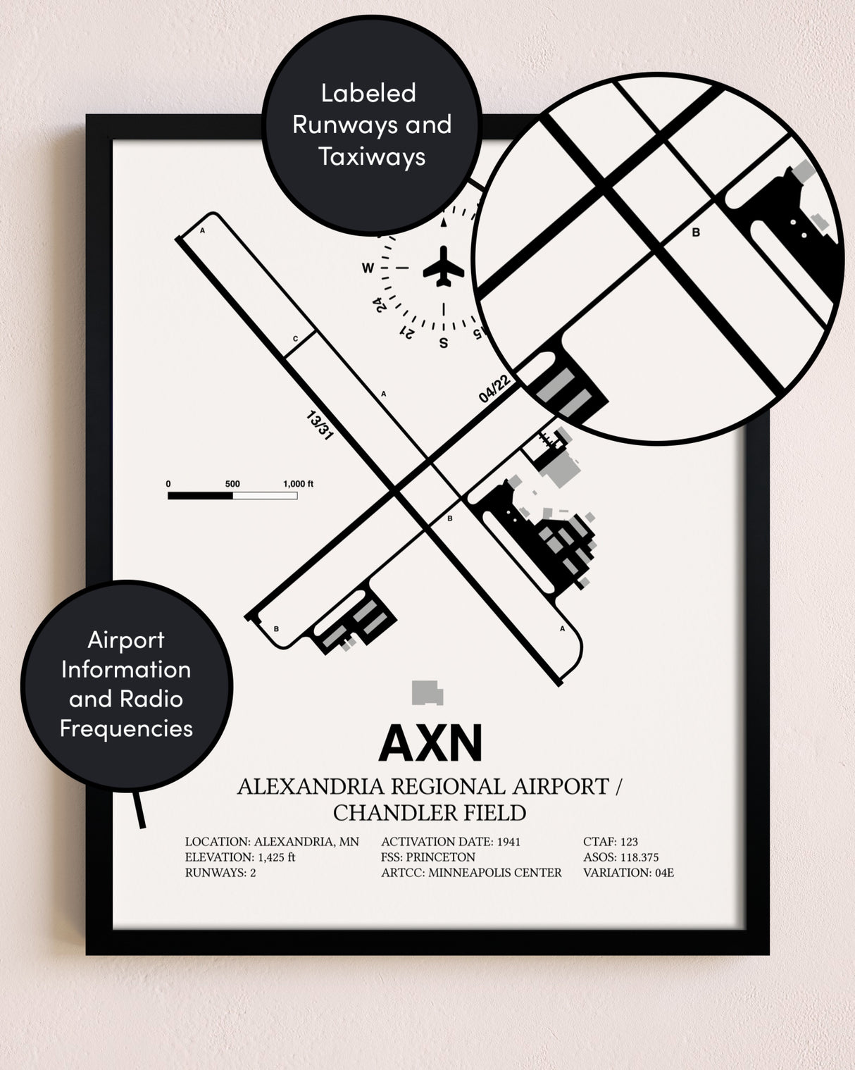 Framed Alexandria Regional Airport / Chandler Field layout wall art poster