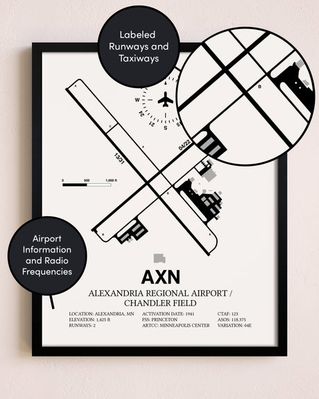 Framed Alexandria Regional Airport / Chandler Field layout wall art poster