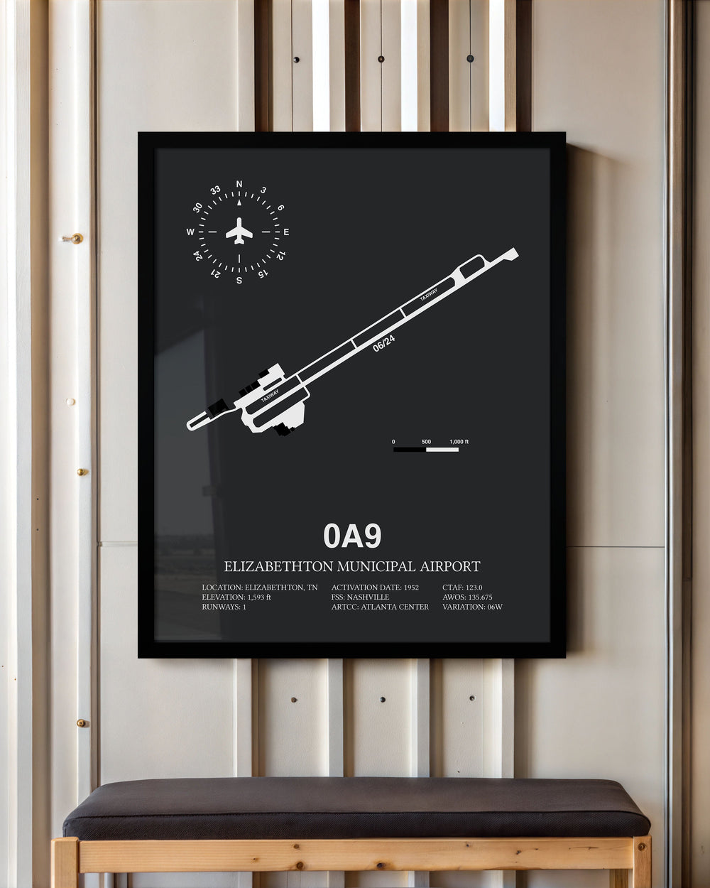 Framed Detailed Airport Map of Elizabethton Municipal Airport (0A9) in Gray with a Black Frame