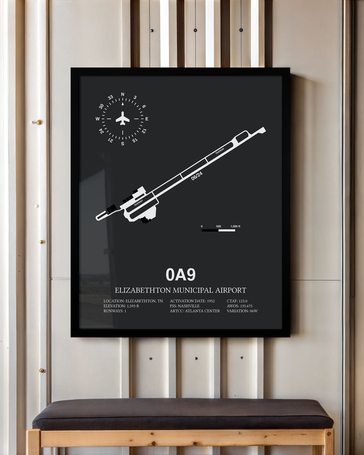 Framed Detailed Airport Map of Elizabethton Municipal Airport (0A9) in Gray with a Black Frame