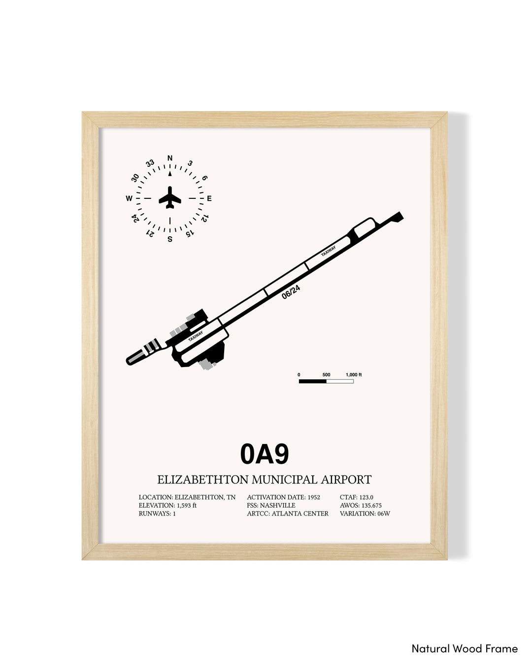 Detailed Airport Map of Elizabethton Municipal Airport (0A9) in White with a Natural Frame