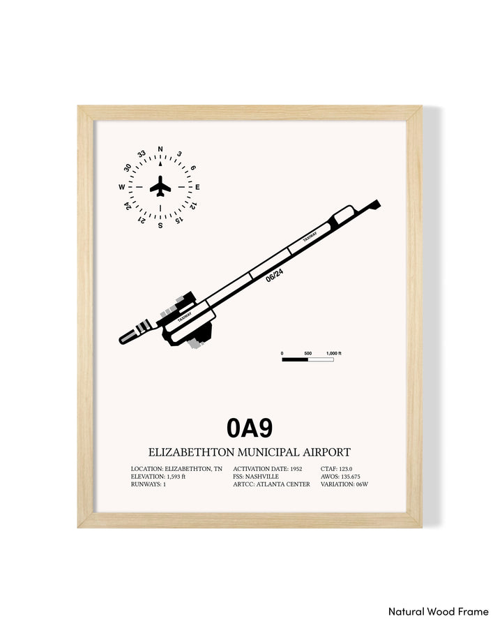 Detailed Airport Map of Elizabethton Municipal Airport (0A9) in White with a Natural Frame