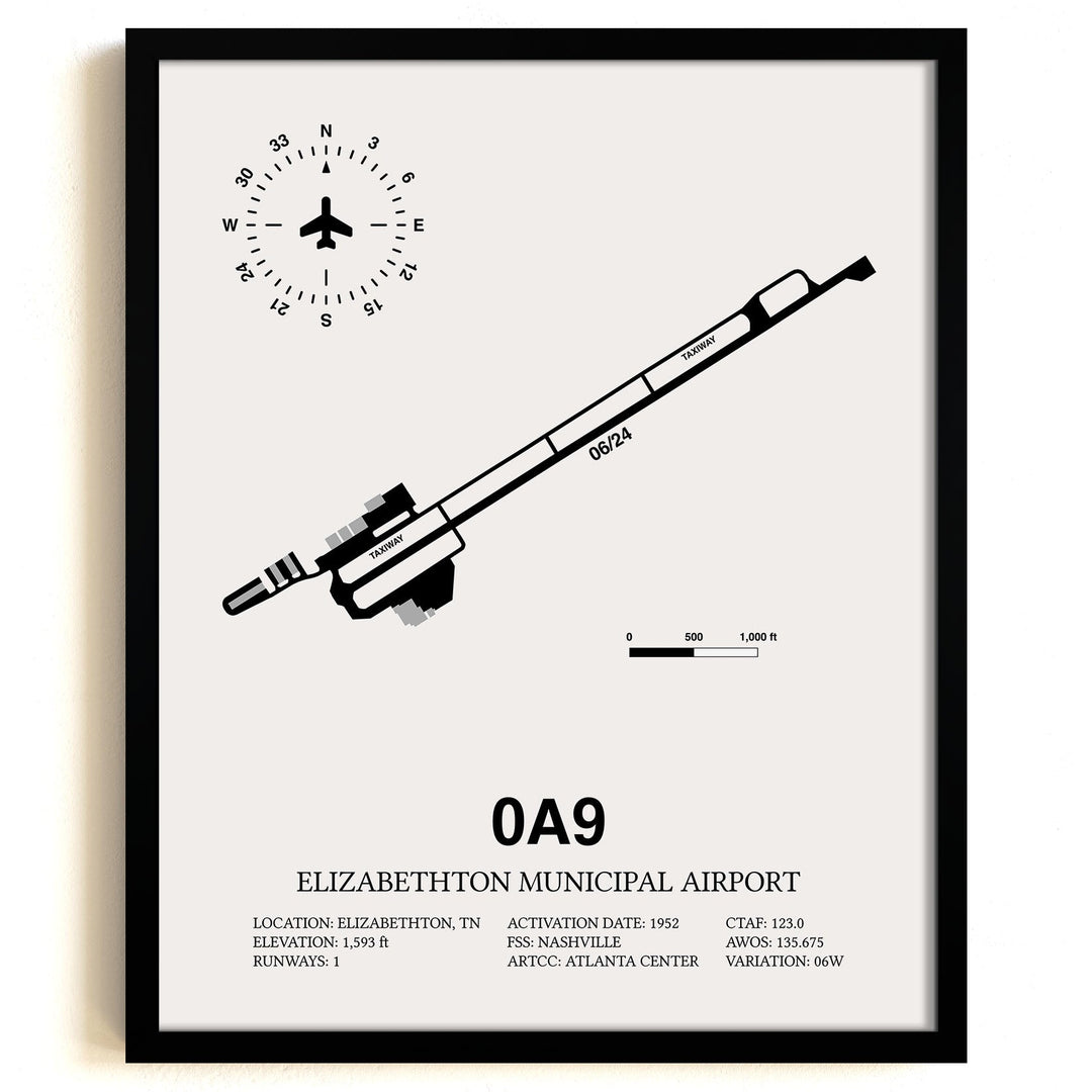 Framed Detailed Airport Map of Elizabethton Municipal Airport (0A9) in White with a Black Frame