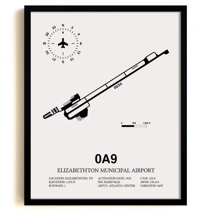 Framed Detailed Airport Map of Elizabethton Municipal Airport (0A9) in White with a Black Frame