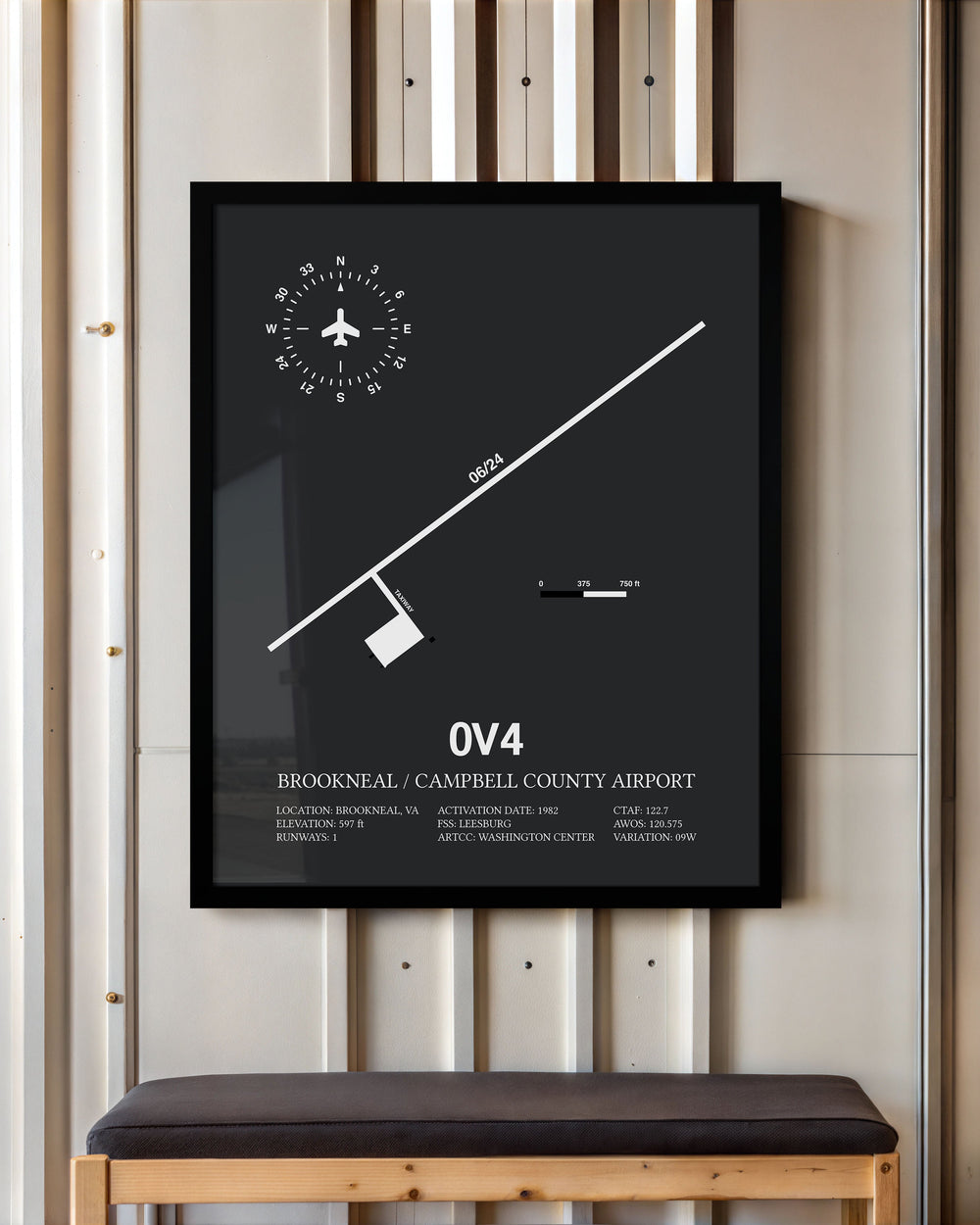 Framed Detailed Airport Map of Brookneal / Campbell County Airport (0V4) in Gray with a Black Frame