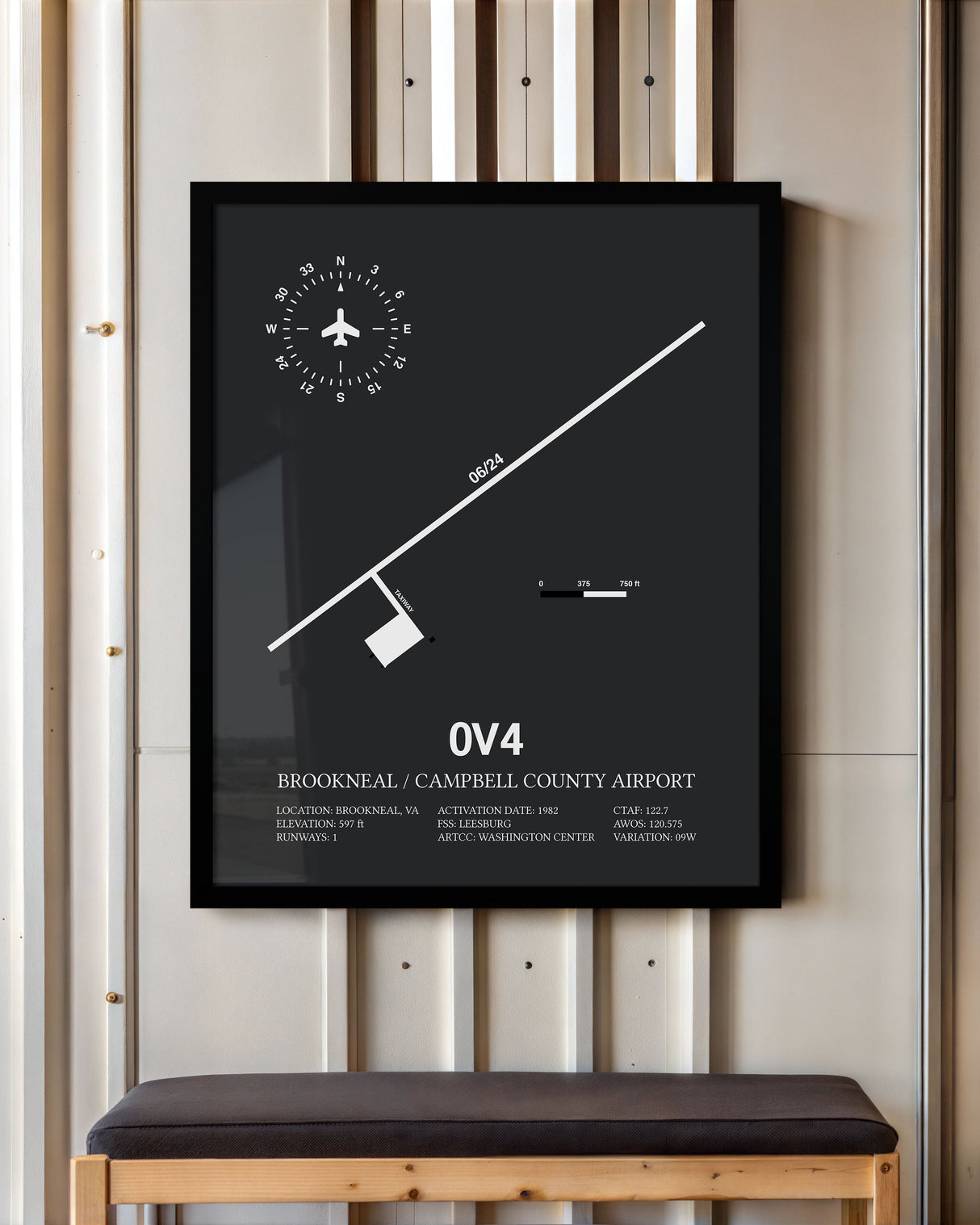 Framed Detailed Airport Map of Brookneal / Campbell County Airport (0V4) in Gray with a Black Frame